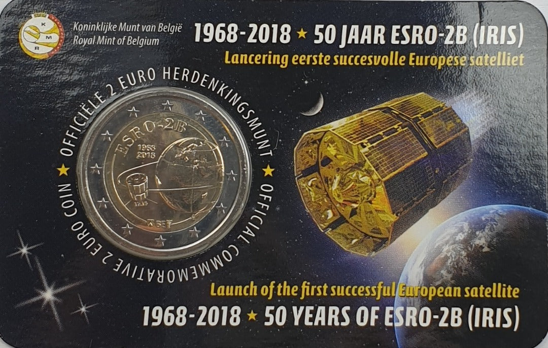 Βέλγιο - 2 Ευρώ 2018, 50η Επέτειος Της Κυκλοφορίας Του ESRO 2B, (Coin Card)